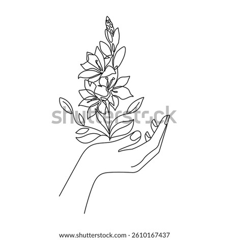 Hand with Flower One Line Art Beauty Drawing. Minimalistic Simple Linear Illustration of Female Hand with Flower. Hand Holds Flower One Line Art for Manicure Salon Studio, Spa, Beauty Design. Not AI
