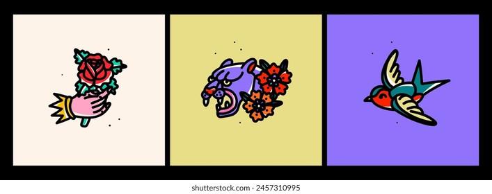 Hand with flower, panther, bird flashes. Hand drawn modern Vector illustration. Traditional tattoo style. Colorful bright icons. Isolated design elements. Logo, print, sticker, tattoo, design template