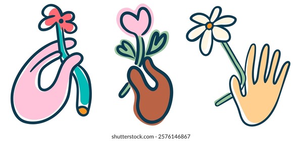 hand with flower set in doodle style for decoration.Vector flat illustration for Valentine's day postcards poster sticker logo