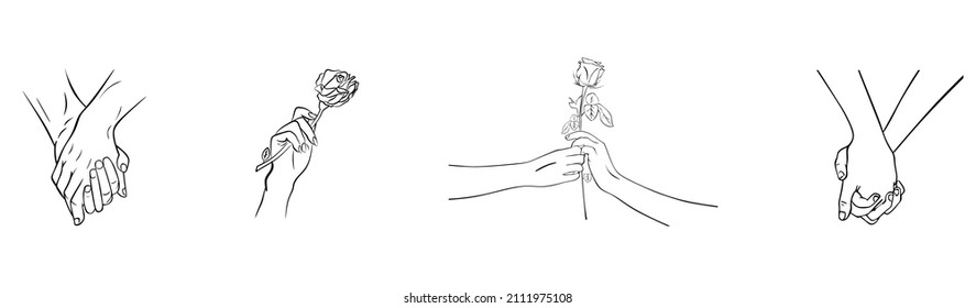 Hand and flower set .Flowers in magical hands. trendy linear minimal style hands holding beautiful flowers. minimalist tattoos or beauty studio design vector illustration set. hand flower icon, magic 