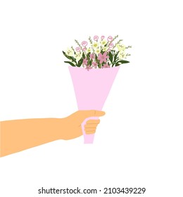 Hand with flowers bouqet in hand drawn flat style. Vector illustration for greeting card, web design for International Women s Day, Valentine s Day isolated on white background