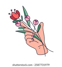 Hand with flowers or bouquet. Vector woman sign or symbol for nature and beauty, peace gesture. Floral element for women holiday or female love. Gift giving and botanical emblem. Womanhood theme