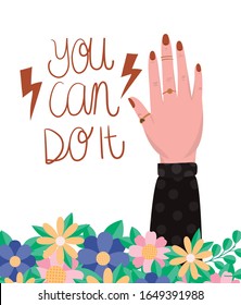 Hand with flowers and leaves design of Women empowerment female power feminist people gender feminism young rights protest and strong theme Vector illustration