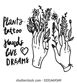Hand with flowers with lettering 