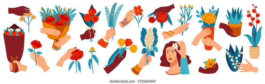 Hand With Flowers Vector Illustration. Cartoon Flat Human Hand Holding Bunch Of Colorful Blossoms, Giving Gift Flowering Bouquet, Floral Congratulation On Celebration Event Icon Isolated On White