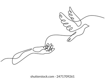 Hand and flying bird continuous line drawing. Animal care concept. Vector illustration minimalist design hand drawn.