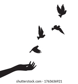 Hand and flying birds silhouettes isolated on white background, vector. Freedom concept. Flying dove birds, peace concept. Artwork, wall art design, wall decals. Minimalist black and white art design 