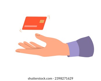 Hand with a flying credit card. Vector illustration isolated on white background
