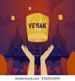 Hand flying lantern for Vesak Day festival flat illustration