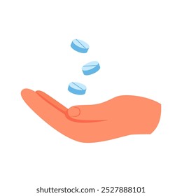 Hand with flying medical pills, minimalist hand drawn doodle illustration for pharmacy concept
