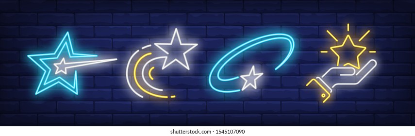 Hand and flying stars neon signs set. Celebration, success, rating design. Night bright neon sign, colorful billboard, light banner. Vector illustration in neon style.