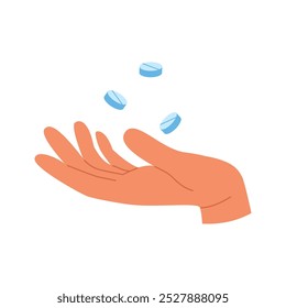 Mão com comprimidos voadores, ilustração de doodle desenhada à mão minimalista para o conceito médico
