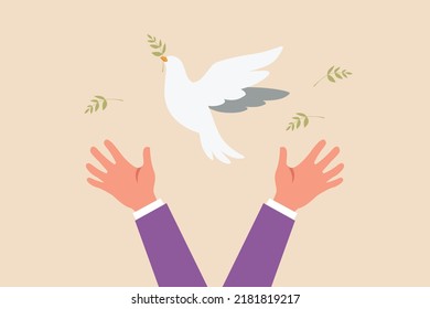Hand flying white dove on international peace day. Peace day concept. Colored flat graphic vector illustration.
