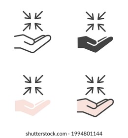 Hand and focus symbol with four arrows combinations inside for target, Opportunity Detection for business marketing strategy. Objective icon. Vector illustration. Design on white background. EPS10