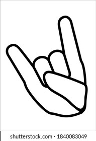 Hand folded in devil horns rock gesture sign - vector linear illustration for sign or pictogram. A hand with an extended index finger and little finger. Outline. Rock metal gesture.