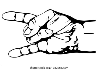 The hand folded in the "goat" gesture. Black and white drawing.