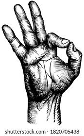 The hand folded in the sign of ok. Black and white drawing.