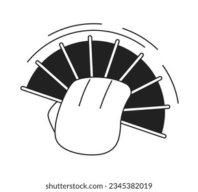 Hand with folding fan cooling down monochromatic flat vector character hand. Waving fan. Breeze rest. Editable body part element on white. Simple bw cartoon spot image for web graphic design