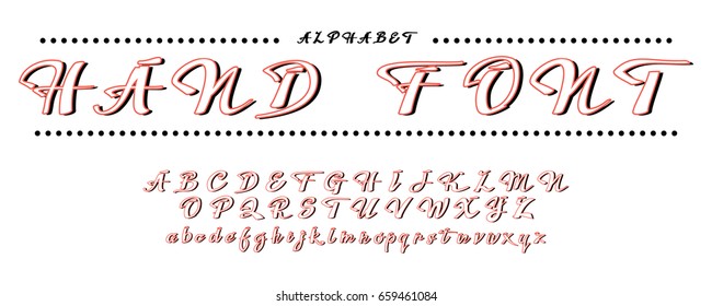 
Hand font. English alphabet. ABC. stylized. The futuristic design of the font. Turquoise pattern. Ocher letters on a white board background. The black shadow. Illustration. Education 3D, stock
