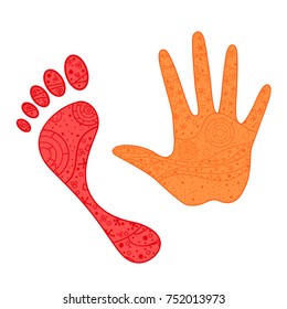 Hand. Foot. Hand drawn elements with abstract patterns on isolation background. Design for spiritual relaxation for adults. Line art. Outline for tattoo, printing on t-shirts