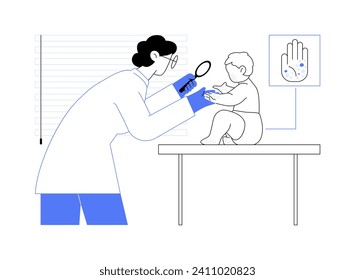 Hand foot and mouth disease abstract concept vector illustration. Doctor examines rash on childs body, pediatric infectious diseases, medicine sector, hand foot and mouth issues abstract metaphor.