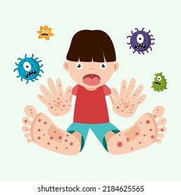 hand foot mouth disease concept. child infected enterovirus. vector illustration