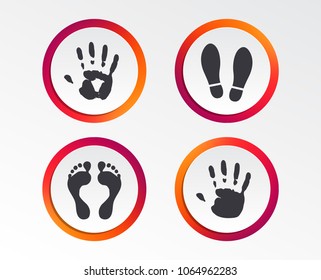 Hand and foot print icons. Imprint shoes and barefoot symbols. Stop do not enter sign. Infographic design buttons. Circle templates. Vector