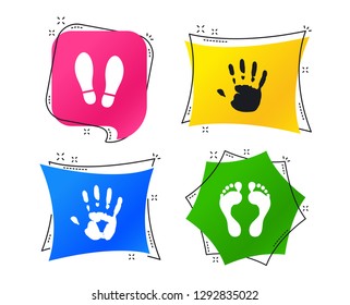 Hand and foot print icons. Imprint shoes and barefoot symbols. Stop do not enter sign. Geometric colorful tags. Banners with flat icons. Trendy design. Vector