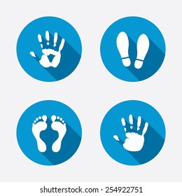 Hand and foot print icons. Imprint shoes and barefoot symbols. Stop do not enter sign. Circle concept web buttons. Vector