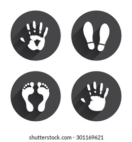 Hand And Foot Print Icons. Imprint Shoes And Barefoot Symbols. Stop Do Not Enter Sign. Circles Buttons With Long Flat Shadow. Vector