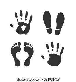 Hand and foot print icons. Imprint shoes and barefoot symbols. Stop do not enter sign. Flat icons on white. Vector