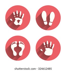 Hand and foot print icons. Imprint shoes and barefoot symbols. Stop do not enter sign. Pink circles flat buttons with shadow. Vector