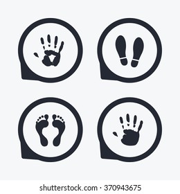 Hand and foot print icons. Imprint shoes and barefoot symbols. Stop do not enter sign. Flat icon pointers.
