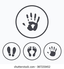 Hand and foot print icons. Imprint shoes and barefoot symbols. Stop do not enter sign. Icons in circles.