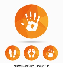 Hand and foot print icons. Imprint shoes and barefoot symbols. Stop do not enter sign. Triangular low poly buttons with shadow. Vector