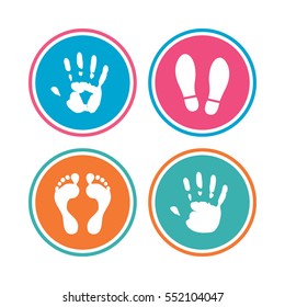Hand and foot print icons. Imprint shoes and barefoot symbols. Stop do not enter sign. Colored circle buttons. Vector