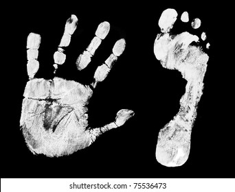 Hand and foot print isolated on black, vector illustration