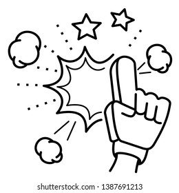 A hand in football fan glove with a raised index finger. Comic style icon on white background