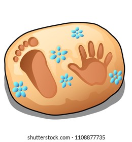 Hand and footprints printed on clay isolated on white background. Vector cartoon close-up illustration.