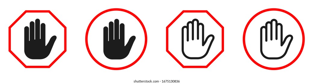 Hand forbidden signs. Set of blocking signs with hand icon. Vector illustration. Stop sign. No entry sign isolated.