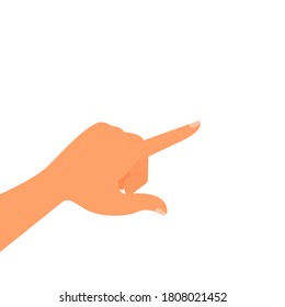 Hand with forefinger extended forward. Concept: point to object, point direction, blame, poke, push. Vector illustration, flat cartoon design, isolated on white background, eps 10.