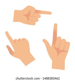 Hand in forefinger icons. Holding pointing hands drawing gesture to object isolated vector outline counting one concept finger woman set