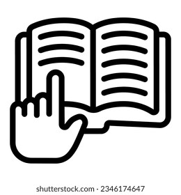 Hand with forefinger on book line icon, children book day concept, open book vector sign on white background, forefinger outline style mobile concept web design. Vector graphics.