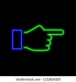 Hand with forefinger pointing forward neon sign. Bright glowing symbol on a black background. Neon style icon. 