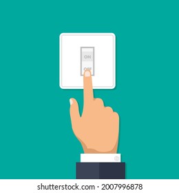 Hand with forefinger pushing switch. Light on or off. Electric button. Vector illustration in trendy flat style. Front view.