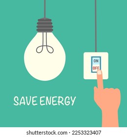Hand with forefinger switch off electric light to save electricity in flat design. Energy saving.