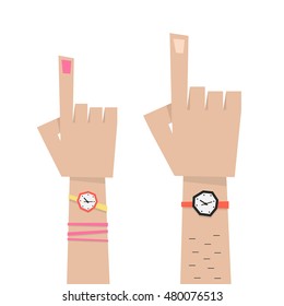 hand with forefingers of man and woman. concept of wristwatch, notification, caucasian part of body, indicate, specify. flat style trend modern graphic design vector illustration on white background