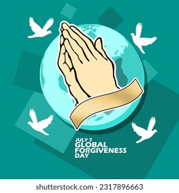 Hand with a forgiving gesture on earth with white birds on turquoise abstract background to commemorate Global Forgiveness Day on July 7