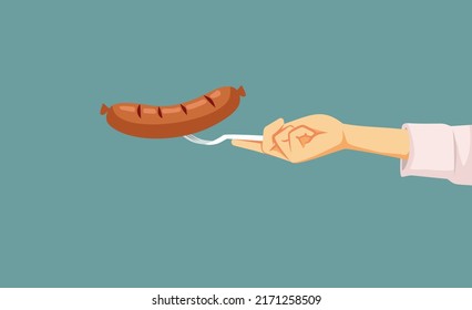 
Hand with Fork Holding a Delicious Sausage Vector Cartoon Illustration. Cook giving a traditional meat dish for tasting 
