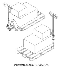 Hand Fork Lift Truck And Pallet Isometric Outline Drawing